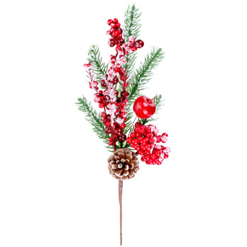 Рождественская веточка MаgiсHome с ягодами и шишкой, красная, снежная, 32 см