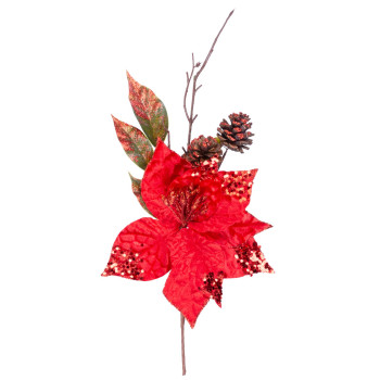 Рождественская веточка MаgiсHome  с цветком пуансеттии, красная, 34 см