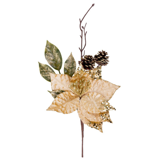 Рождественская веточка MаgiсHome  с цветком пуансеттии, золото, 34 см