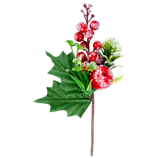 Рождественская веточка MаgiсHome, с ягодами и яблоком, красная, эффект инея, 22 см