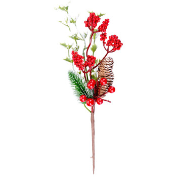 Рождественская веточка MаgiсHome, с ягодами и шишками, красная, снежная, 27 см
