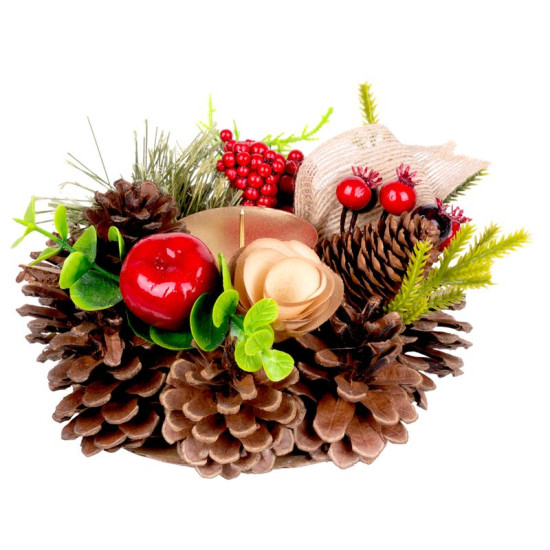 MagicHome Christmas candlestick, with bristles and bow, natural, 15 cm