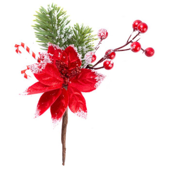 Рождественская ветка MagicHome Christmas, с цветком и ягодами, снежная, 20 см
