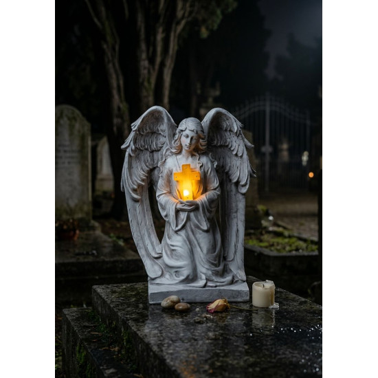 MagicHome dekorācija, Eņģelis ar krustu, LED, gumijota, kapu, 23,5x19,5x30,5 cm
