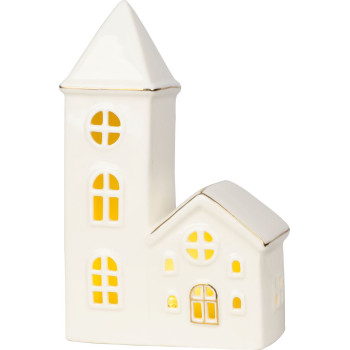 MagicHome decoration, House with church, LED, white, porcelain, 11.2x5.5x17.4 cm