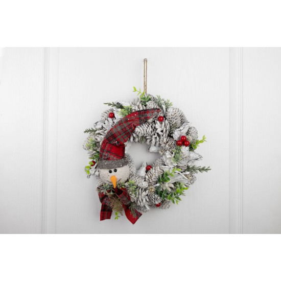 MagicHome Christmas wreath, natural, white, with snowman, 31x8 cm