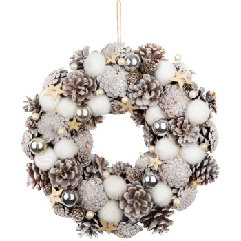 MagicHome Christmas wreath, natural, white, hanging, with stars, 35x9 cm