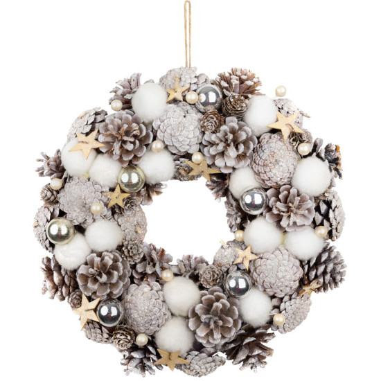 MagicHome Christmas wreath, natural, white, hanging, with stars, 35x9 cm
