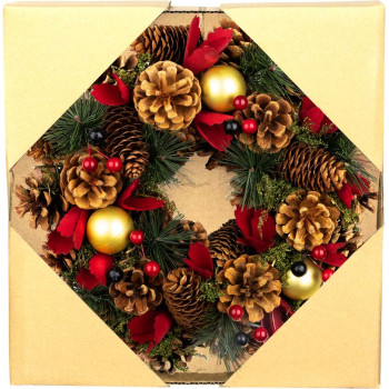 MagicHome Christmas wreath, natural, hanging, with red flowers, 30x8 cm MagicHome Christmas wreath, natural, hanging, with red flowers, 30x8 cm