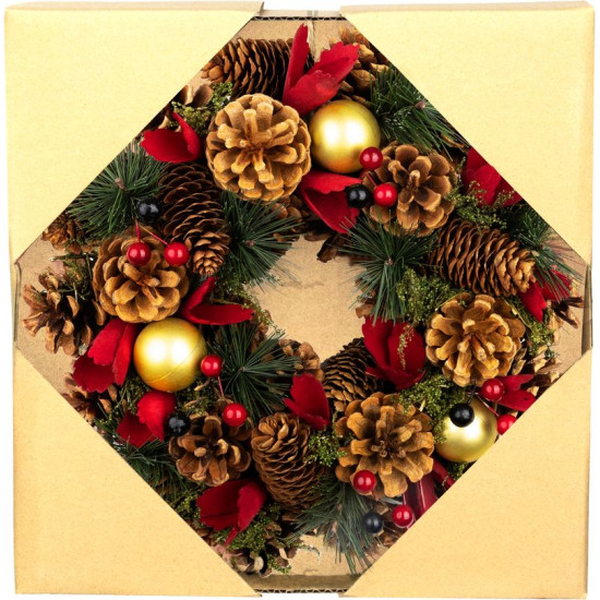 MagicHome Christmas wreath, natural, hanging, with red flowers, 30x8 cm MagicHome Christmas wreath, natural, hanging, with red flowers, 30x8 cm