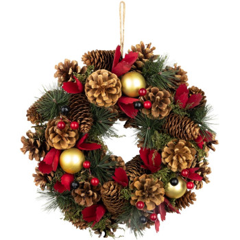 MagicHome Christmas wreath, natural, hanging, with red flowers, 30x8 cm