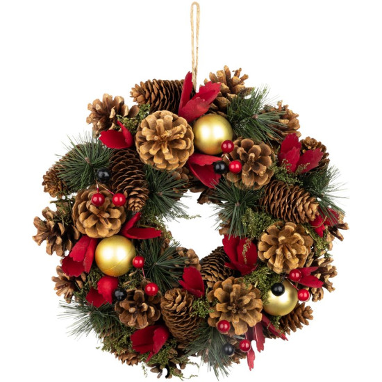 MagicHome Christmas wreath, natural, hanging, with red flowers, 30x8 cm MagicHome Christmas wreath, natural, hanging, with red flowers, 30x8 cm