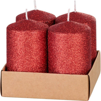 Рождественская свеча MagicHome, 4,8x8 см, цилиндрическая, упаковка 4 шт., красная, с блестками, Адвент