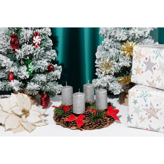 MagicHome Christmas candle, 4.8x8 cm, cylindrical, pack. 4 pcs., silver, with glitter, Advent