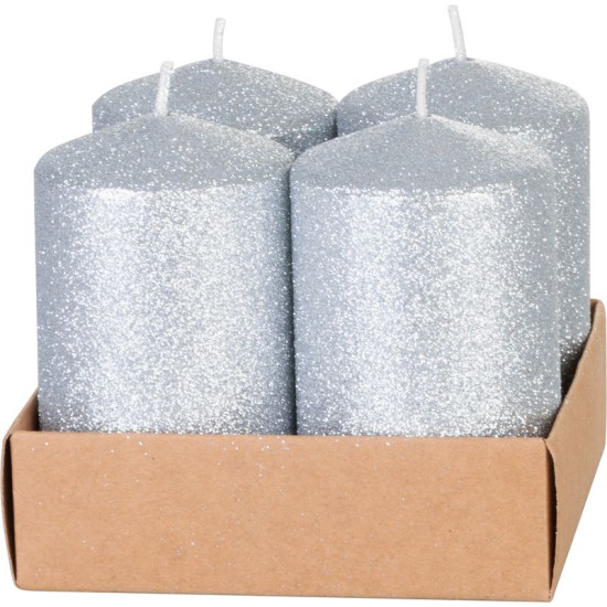 MagicHome Christmas candle, 4.8x8 cm, cylindrical, pack. 4 pcs., silver, with glitter, Advent