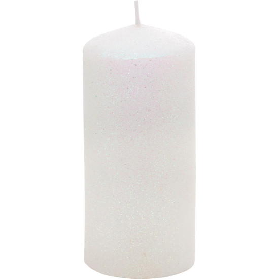 MagicHome Ziemassvētku svece, 5,5x12 cm, cilindriska, balta, ar spīguļiem