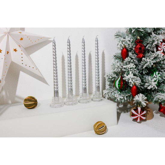 Рождественская свеча MagicHome, 25 см, упаковка 4 шт., серебряная, спиральная, витая
