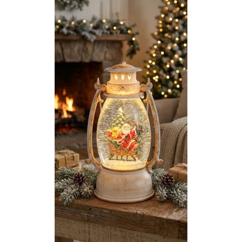 Lantern MagicHome Christmas Retro, LED, with Santa on a sleigh, with glitter, white, 3xAA, plastic, 13x11x24/35 cm