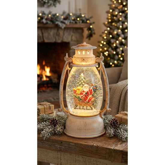 Lantern MagicHome Christmas Retro, LED, ar Ziemassvētku vecīti kamanās, ar spīdumiem, balts, 3xAA, plastmasa, 13x11x24/35 cm Lantern MagicHome Christmas Retro, LED, ar Ziemassvētku vecīti kamanās, ar spīdumiem, balts, 3xAA, plastmasa, 13x11x24/35 cm