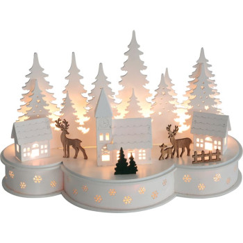 MagicHome Christmas decoration, Village with deer, 10 LED warm white, 2xAA, MDF, 30x14x19.5 cm