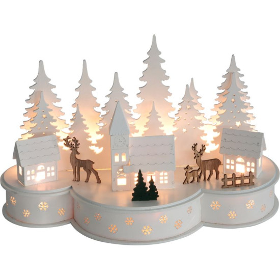 MagicHome Christmas decoration, Village with deer, 10 LED warm white, 2xAA, MDF, 30x14x19.5 cm