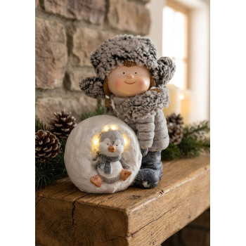 MagicHome Christmas Decoration, Girl with Snowball and Penguin, LED, 19.5x28x33.5 cm MagicHome Christmas Decoration, Girl with Snowball and Penguin, LED, 19.5x28x33.5 cm