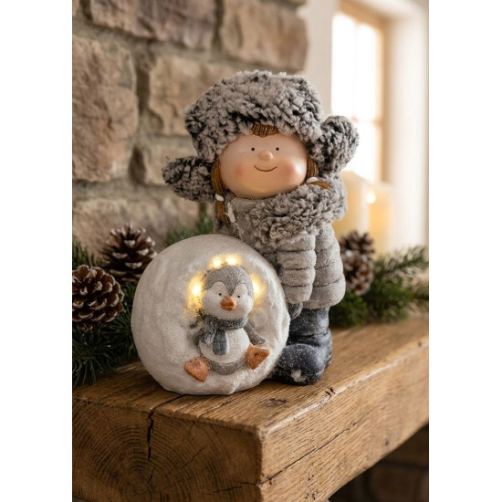 MagicHome Christmas Decoration, Girl with Snowball and Penguin, LED, 19.5x28x33.5 cm MagicHome Christmas Decoration, Girl with Snowball and Penguin, LED, 19.5x28x33.5 cm