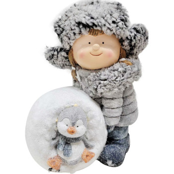 MagicHome Christmas Decoration, Girl with Snowball and Penguin, LED, 19.5x28x33.5 cm