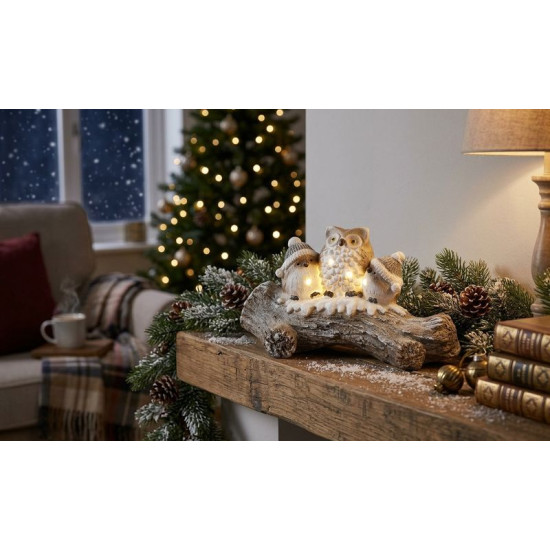 MagicHome Christmas decoration, owls on a snowy trunk, LED, 20.5x49.5x27.5 cm