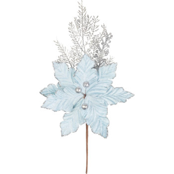 MagicHome Christmas twig, with poinsettia flower, blue/silver, 27 cm