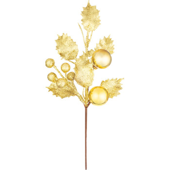 MagicHome Christmas twig, holly, gold, 24 cm