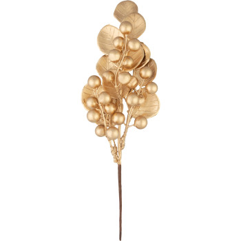 MagicHome Christmas twig, with berries, gold, 27 cm