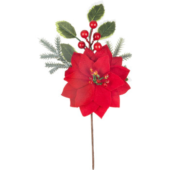 MagicHome Christmas twig, with poinsettia flower, red, 24 cm
