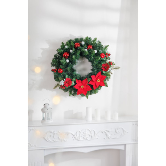 MagicHome Christmas twig, with poinsettia flower, red, 24 cm