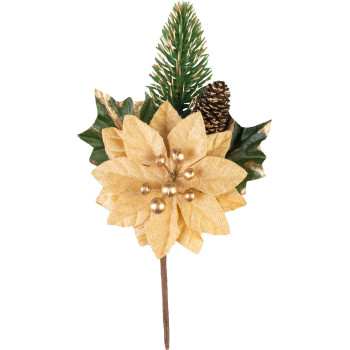 MagicHome Christmas twig, with poinsettia flower, gold, 18 cm MagicHome Christmas twig, with poinsettia flower, gold, 18 cm