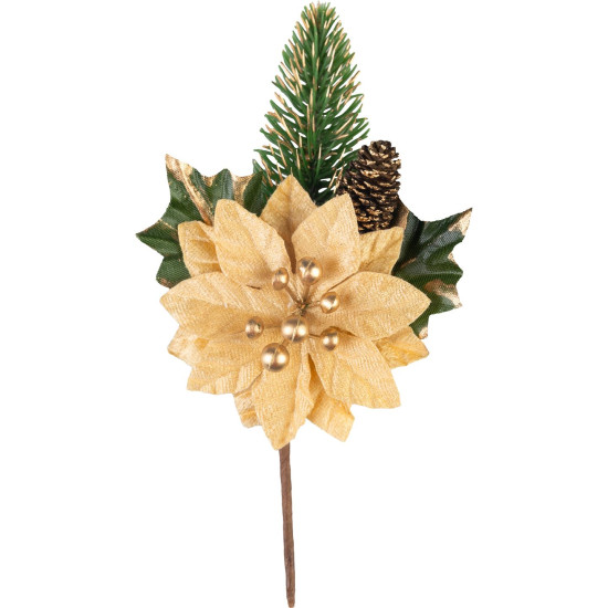MagicHome Christmas twig, with poinsettia flower, gold, 18 cm MagicHome Christmas twig, with poinsettia flower, gold, 18 cm