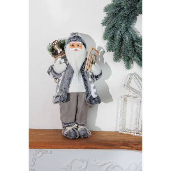 MagicHome Ziemassvētku rotājums, Ziemassvētku vecītis ar kamanām, balts un pelēks, 45 cm