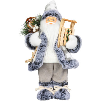 MagicHome Christmas decoration, Santa with sleigh, white-grey, 45 cm