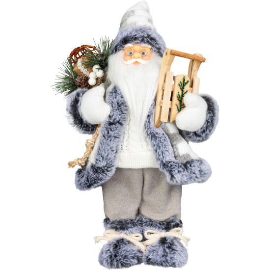 MagicHome Ziemassvētku rotājums, Ziemassvētku vecītis ar kamanām, balts un pelēks, 45 cm
