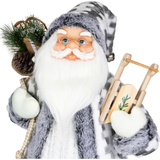 MagicHome Christmas decoration, Santa with sleigh, white-grey, 60 cm