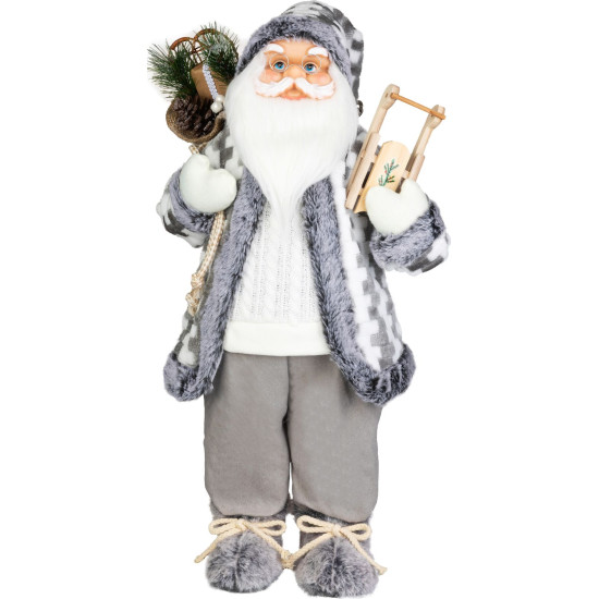 MagicHome Christmas decoration, Santa with sleigh, white-grey, 60 cm