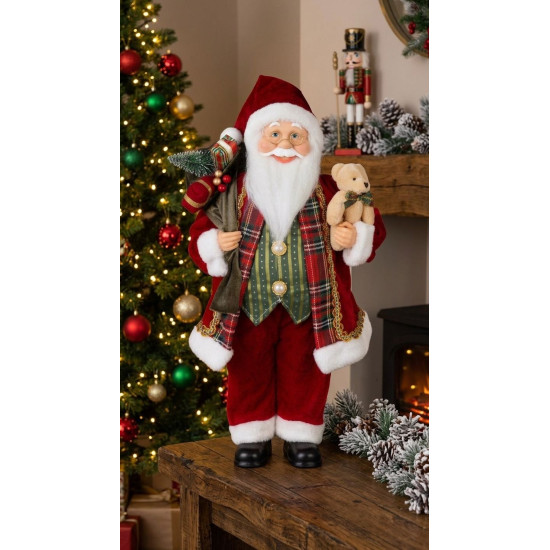 MagicHome Christmas decoration, Santa, with gift and bear, red, 46 cm MagicHome Christmas decoration, Santa, with gift and bear, red, 46 cm