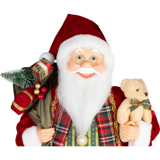 MagicHome Christmas decoration, Santa, with gift and bear, red, 46 cm MagicHome Christmas decoration, Santa, with gift and bear, red, 46 cm