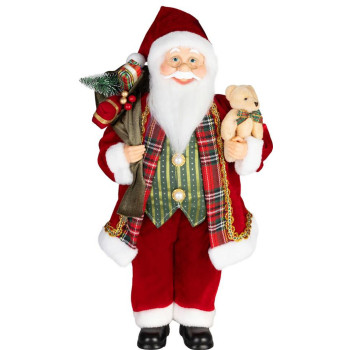 MagicHome Christmas decoration, Santa, with gift and bear, red, 60 cm
