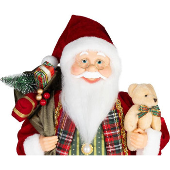 MagicHome Christmas decoration, Santa, with gift and bear, red, 60 cm
